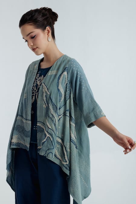 Buy_Rias Jaipur_Blue Cotton Embroidery Round Neck Indigo Floral Pattern Overlay _Online_at_Aza_Fashions