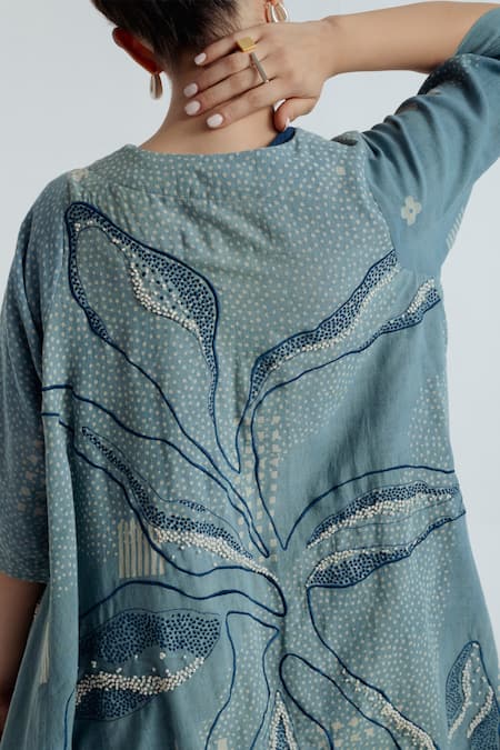 Shop_Rias Jaipur_Blue Cotton Embroidery Round Neck Indigo Floral Pattern Overlay _Online_at_Aza_Fashions