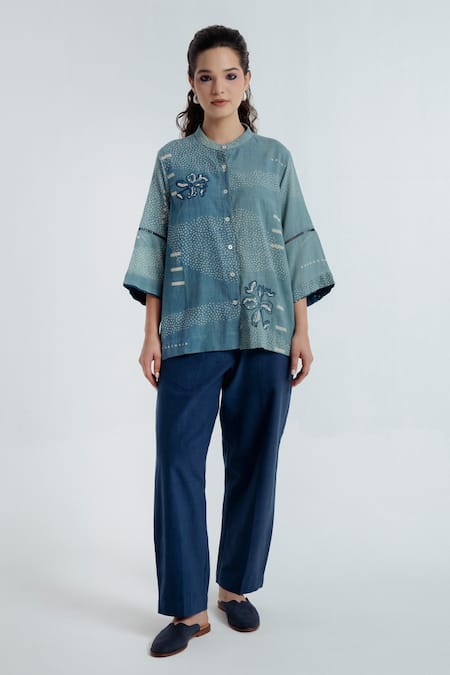 Rias Jaipur Blue Cotton Embroidery Mandarin Collar Indigo Sky Abstract Pattern Shirt 
