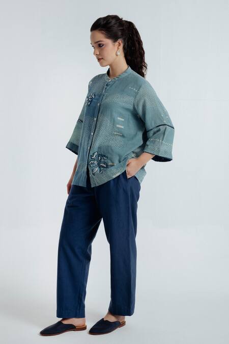 Rias Jaipur_Blue Cotton Embroidery Mandarin Collar Indigo Sky Abstract Pattern Shirt _Online_at_Aza_Fashions