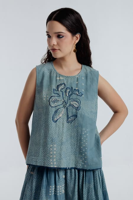 Rias Jaipur_Blue Cotton Embroidery, Beads Round Neck Indigo Sky Floral Pattern Top _Online_at_Aza_Fashions