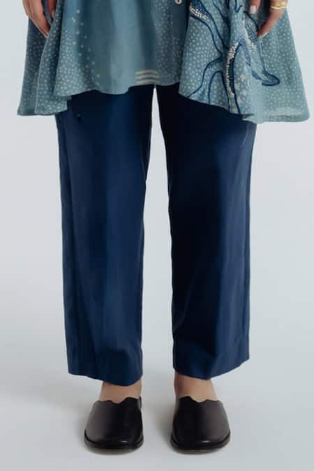 Rias Jaipur_Blue Cotton Embroidery, Beads Mandarin Collar Indigo Flared Kurta And Pant Set _Online_at_Aza_Fashions