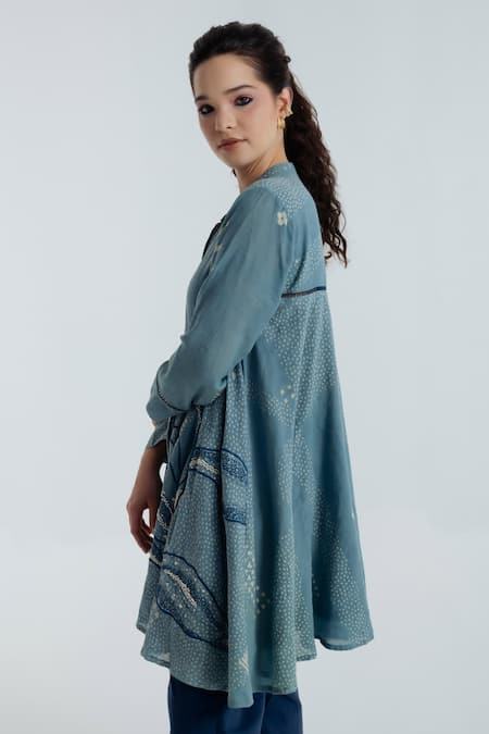 Buy_Rias Jaipur_Blue Cotton Embroidery, Beads Mandarin Collar Indigo Flared Kurta And Pant Set _Online_at_Aza_Fashions