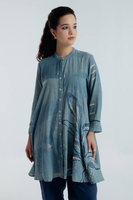 Shop_Rias Jaipur_Blue Cotton Embroidery, Beads Mandarin Collar Indigo Flared Kurta And Pant Set _Online_at_Aza_Fashions
