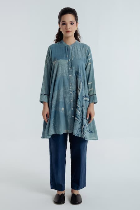Rias Jaipur Blue Cotton Embroidery, Beads Mandarin Collar Indigo Flared Kurta And Pant Set 