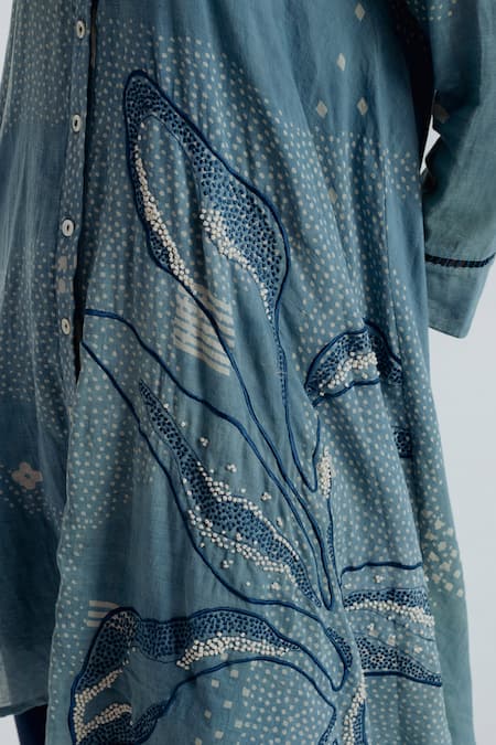 Rias Jaipur_Blue Cotton Embroidery, Beads Mandarin Collar Indigo Flared Kurta And Pant Set _at_Aza_Fashions