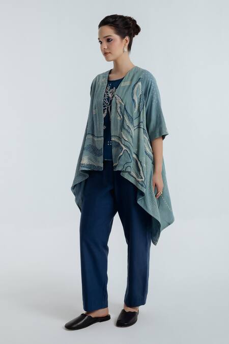 Rias Jaipur_Blue Cotton Embroidery, Beads V-neck, Open Indigo Tri Floral Pattern Cape Set _Online_at_Aza_Fashions