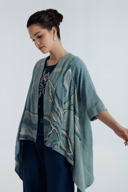 Buy_Rias Jaipur_Blue Cotton Embroidery, Beads V-neck, Open Indigo Tri Floral Pattern Cape Set _Online_at_Aza_Fashions