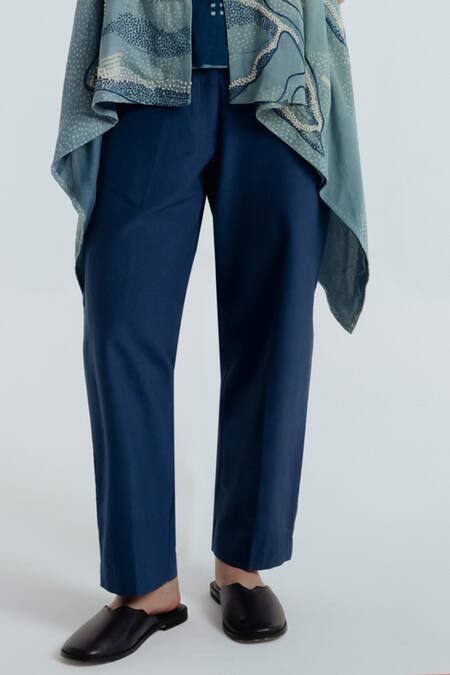 Shop_Rias Jaipur_Blue Cotton Embroidery, Beads V-neck, Open Indigo Tri Floral Pattern Cape Set _Online_at_Aza_Fashions