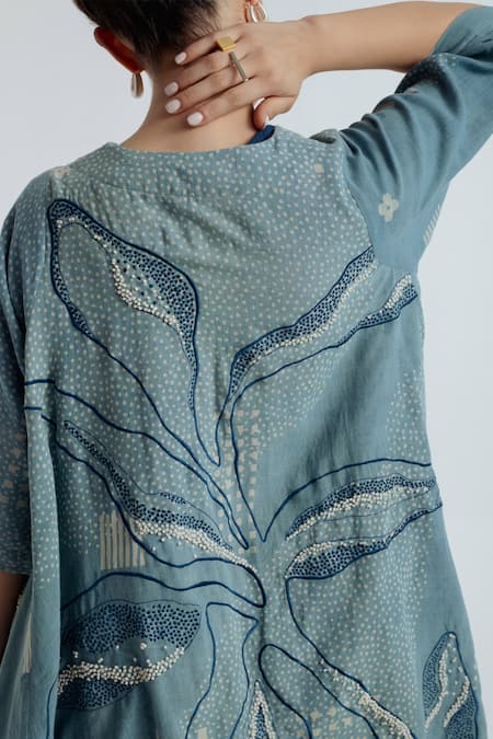 Rias Jaipur_Blue Cotton Embroidery, Beads V-neck, Open Indigo Tri Floral Pattern Cape Set _at_Aza_Fashions