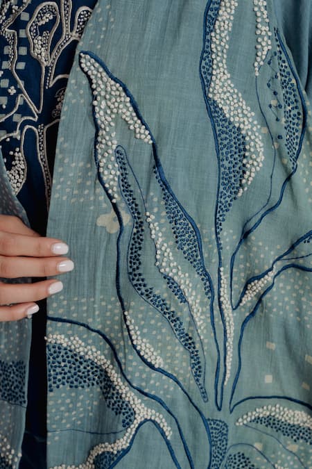 Shop_Rias Jaipur_Blue Cotton Embroidery, Beads V-neck, Open Indigo Tri Floral Pattern Cape Set 