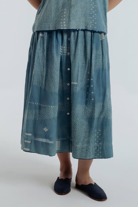 Rias Jaipur_Blue Cotton Embroidery, Beads Round Indigo Sky Floral Pattern Top With Skirt _Online_at_Aza_Fashions