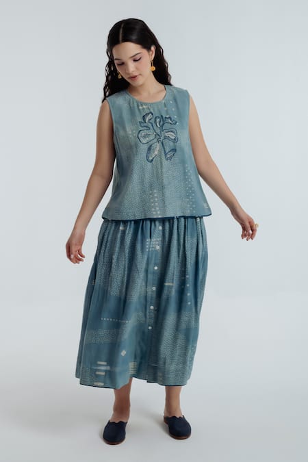 Shop_Rias Jaipur_Blue Cotton Embroidery, Beads Round Indigo Sky Floral Pattern Top With Skirt _Online_at_Aza_Fashions