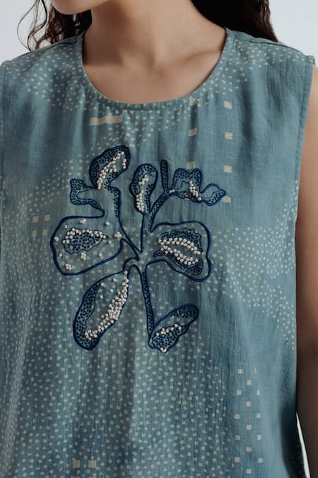 Buy_Rias Jaipur_Blue Cotton Embroidery, Beads Round Indigo Sky Floral Pattern Top With Skirt 