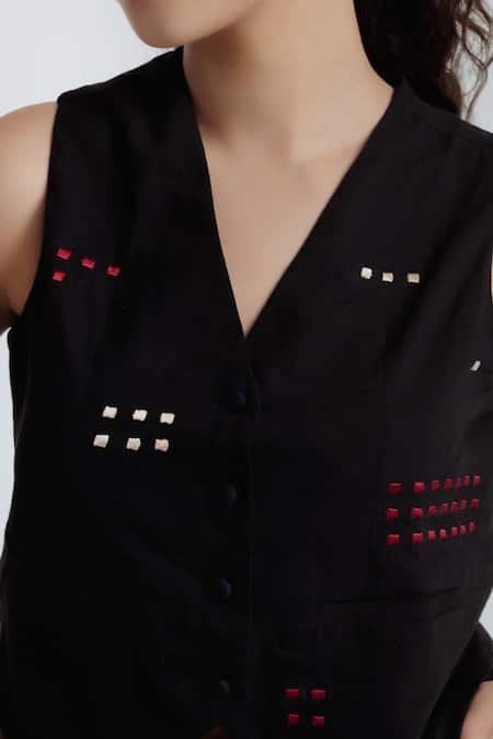 Rias Jaipur_Black Cotton Embroidery V-neck Fayra Waistcoat _Online_at_Aza_Fashions
