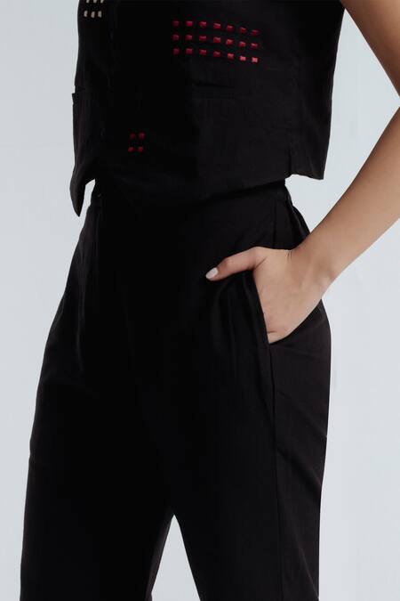 Rias Jaipur_Black Cotton Embroidery V-neck Fayra Waistcoat With Pant _Online_at_Aza_Fashions
