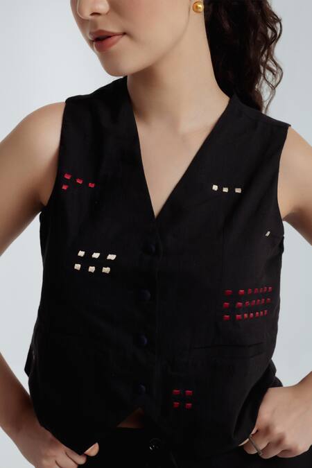 Rias Jaipur_Black Cotton Embroidery V-neck Fayra Waistcoat With Pant _at_Aza_Fashions