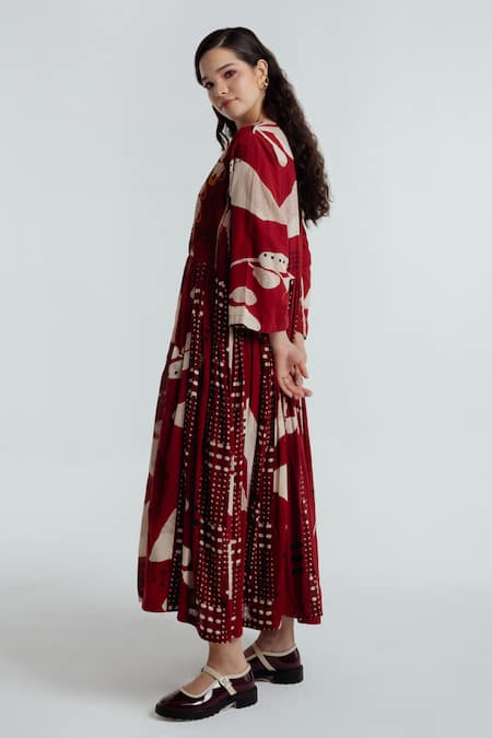 Rias Jaipur_Red Cotton Round Neck Madder Printed Jacket With Dress _Online_at_Aza_Fashions