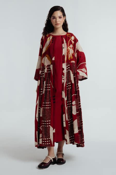 Rias Jaipur Red Cotton Round Neck Madder Printed Jacket With Dress 