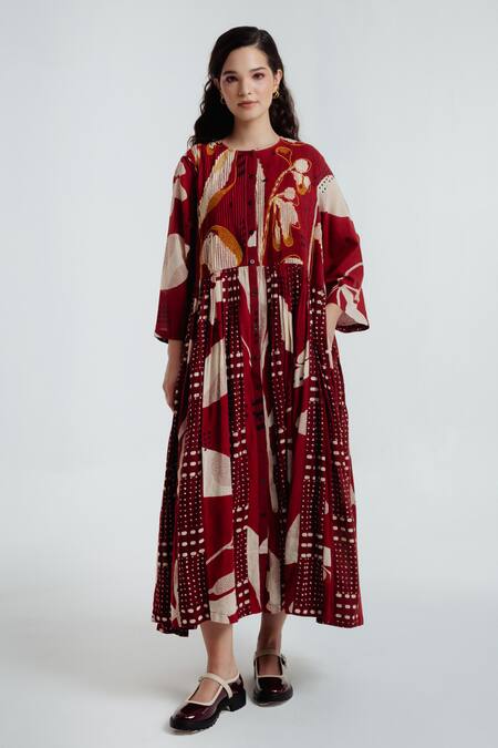 Buy_Rias Jaipur_Red Cotton Round Neck Madder Printed Jacket With Dress _Online_at_Aza_Fashions