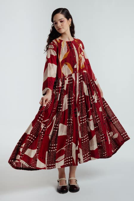 Shop_Rias Jaipur_Red Cotton Round Neck Madder Printed Jacket With Dress _Online_at_Aza_Fashions