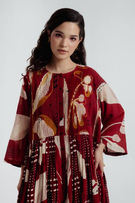 Rias Jaipur_Red Cotton Round Neck Madder Printed Jacket With Dress _at_Aza_Fashions