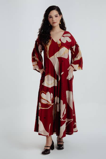 Buy_Rias Jaipur_Red Handloom Cotton Embroidery V-neck Madder Bell Sleeve Printed Dress _Online_at_Aza_Fashions