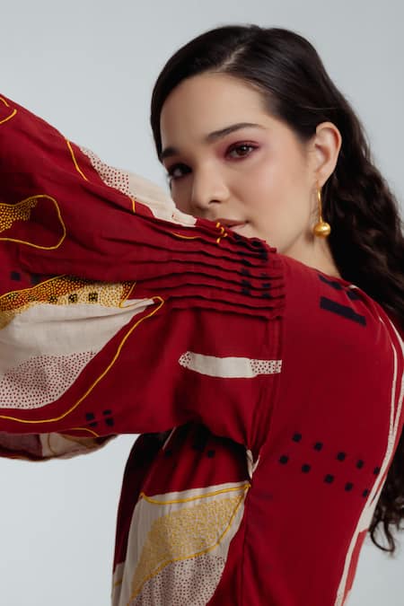 Rias Jaipur_Red Handloom Cotton Embroidery V-neck Madder Bell Sleeve Printed Dress _at_Aza_Fashions