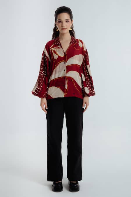 Buy_Rias Jaipur_Red Cotton Collared, V-neck Madder Printed Shirt _Online_at_Aza_Fashions