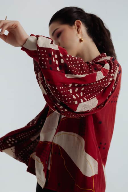 Rias Jaipur_Red Cotton Collared, V-neck Madder Printed Shirt _at_Aza_Fashions