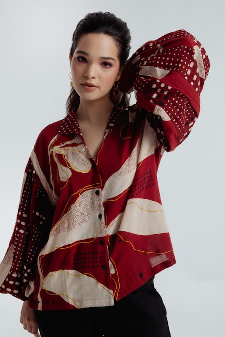 Rias Jaipur Red Cotton Collared, V-neck Madder Printed Shirt 