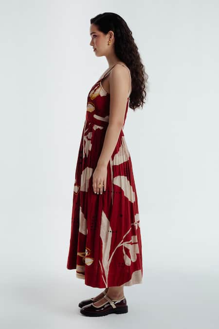 Rias Jaipur_Red Cotton V-neck Madder Heart Printed Dress _Online_at_Aza_Fashions