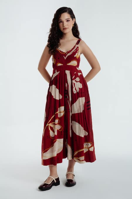 Rias Jaipur Red Cotton V-neck Madder Heart Printed Dress 