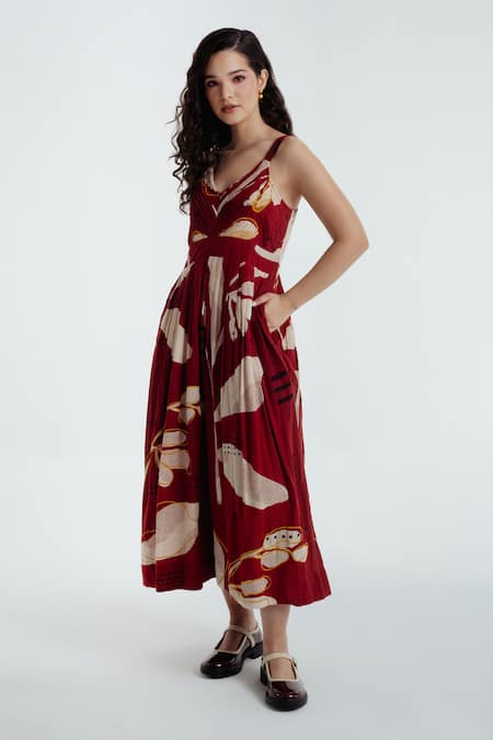 Buy_Rias Jaipur_Red Cotton V-neck Madder Heart Printed Dress _Online_at_Aza_Fashions