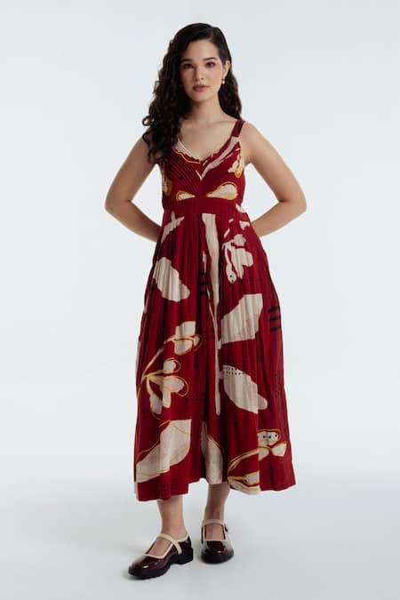 Shop_Rias Jaipur_Red Cotton V-neck Madder Heart Printed Dress _Online_at_Aza_Fashions