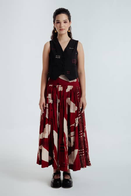 Rias Jaipur_Black Cotton Embroidery, Cut Work V-neck Madder Waistcoat With Skirt _Online_at_Aza_Fashions