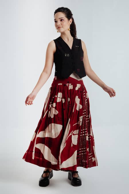 Buy_Rias Jaipur_Black Cotton Embroidery, Cut Work V-neck Madder Waistcoat With Skirt _Online_at_Aza_Fashions