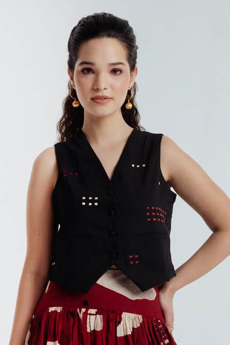 Shop_Rias Jaipur_Black Cotton Embroidery, Cut Work V-neck Madder Waistcoat With Skirt _Online_at_Aza_Fashions