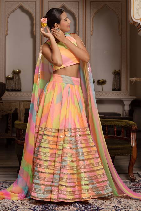 Buy_Pomcha Jaipur_Multi Color Georgette Sequins, Zari Round Radha Multicolor Leheriya Lehenga Set _Online_at_Aza_Fashions