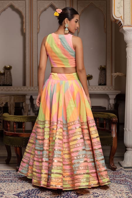 Pomcha Jaipur Radha Multicolor Leheriya Georgette Lehenga Set 