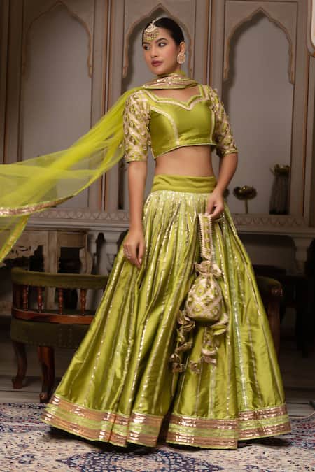 Buy_Pomcha Jaipur_Green Taffeta, Silk, Net Embroidery, Gota Patti Sweetheart Meera Lehenga Set _Online_at_Aza_Fashions