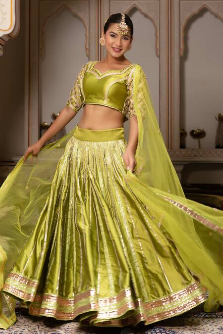 Shop_Pomcha Jaipur_Green Taffeta, Silk, Net Embroidery, Gota Patti Sweetheart Meera Lehenga Set _Online_at_Aza_Fashions