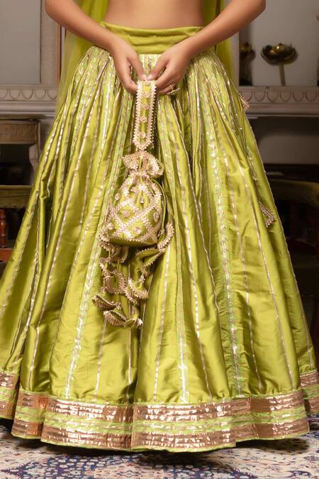 Pomcha Jaipur_Green Taffeta, Silk, Net Embroidery, Gota Patti Sweetheart Meera Lehenga Set _at_Aza_Fashions
