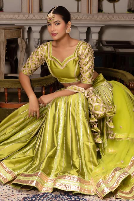 Buy_Pomcha Jaipur_Green Taffeta, Silk, Net Embroidery, Gota Patti Sweetheart Meera Lehenga Set 
