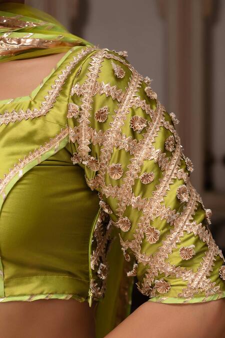 Shop_Pomcha Jaipur_Green Taffeta, Silk, Net Embroidery, Gota Patti Sweetheart Meera Lehenga Set 