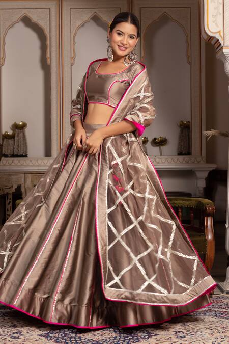 Buy_Pomcha Jaipur_Gold Taffeta, Silk, Net Gota Patti, Tassels Round Neck Lehenga Set _Online_at_Aza_Fashions