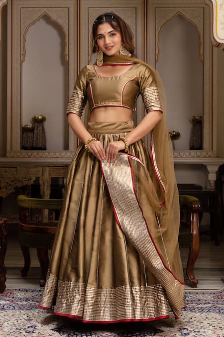 Pomcha Jaipur Gold Taffeta, Silk, Net Gota Patti Round Neck Lehenga Set at Aza Fashions Pomcha Jaipur_Gold Taffeta, Silk, Net Gota Patti Round Neck Lehenga Set _at_Aza_Fashions