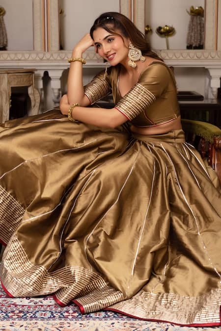 Buy Pomcha Jaipur Gold Taffeta, Silk, Net Gota Patti Round Neck Lehenga Set Buy_Pomcha Jaipur_Gold Taffeta, Silk, Net Gota Patti Round Neck Lehenga Set