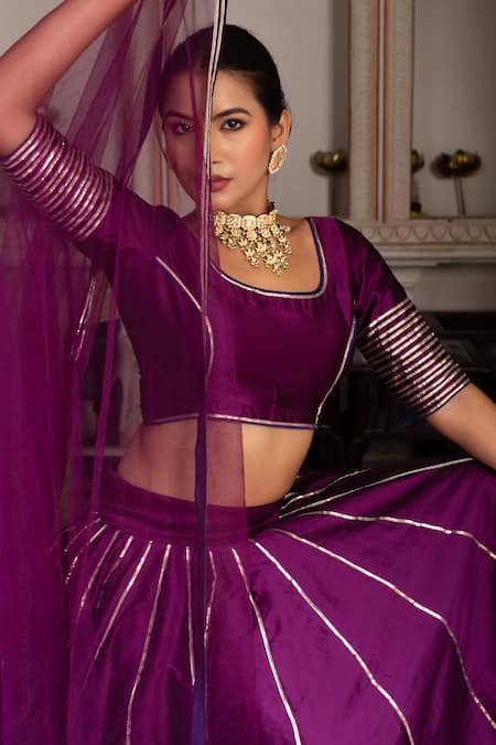 Pomcha Jaipur Purple Taffeta, Silk, Net Gota Patti Round Neck Seerat Lehenga Set Online at Aza Fashions Pomcha Jaipur_Purple Taffeta, Silk, Net Gota Patti Round Neck Seerat Lehenga Set _Online_at_Aza_Fashions