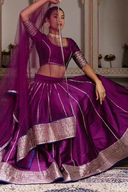 Shop Pomcha Jaipur Purple Taffeta, Silk, Net Gota Patti Round Neck Seerat Lehenga Set Online at Aza Fashions Shop_Pomcha Jaipur_Purple Taffeta, Silk, Net Gota Patti Round Neck Seerat Lehenga Set _Online_at_Aza_Fashions